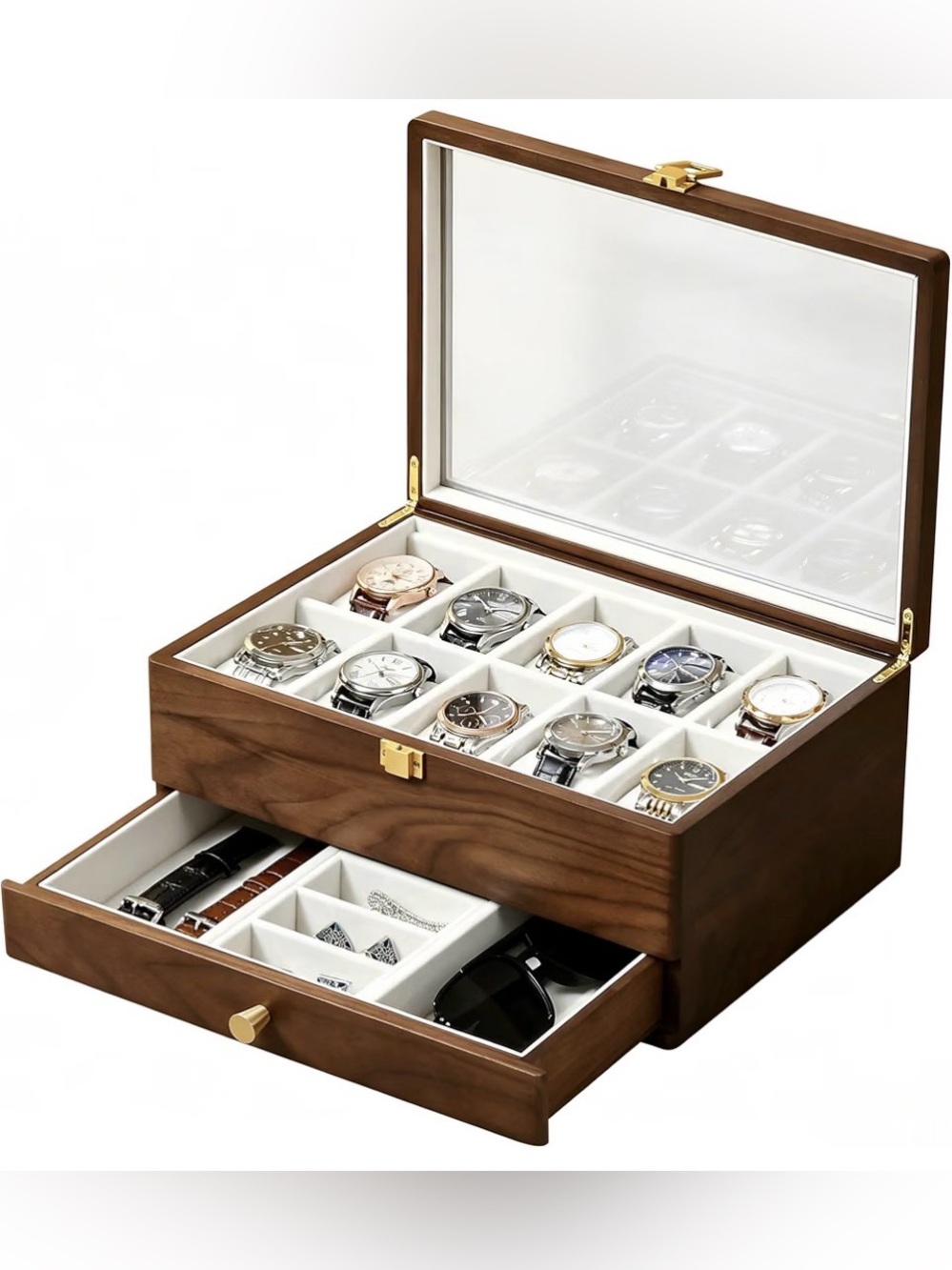 Black Walnut Watch Box, 10 Slot Wooden Watch Organizer with Storage Drawer
